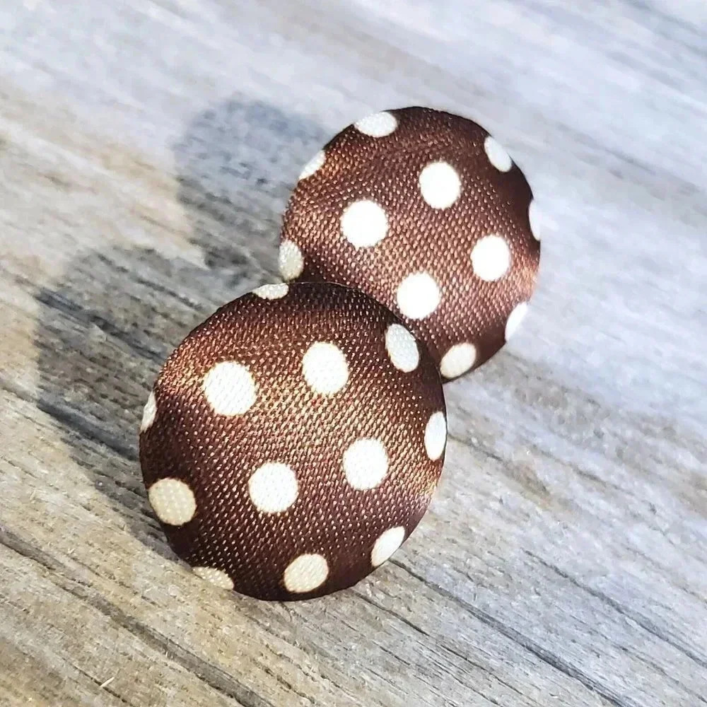 Polka Dot Brown White Pretty Woman Round Silk Blend Fabric Button Earrings